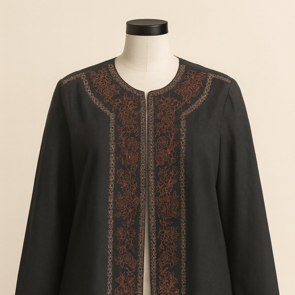 Jessica London Black Embroidered Long Jacket – Floral Rust Trim – Women’s